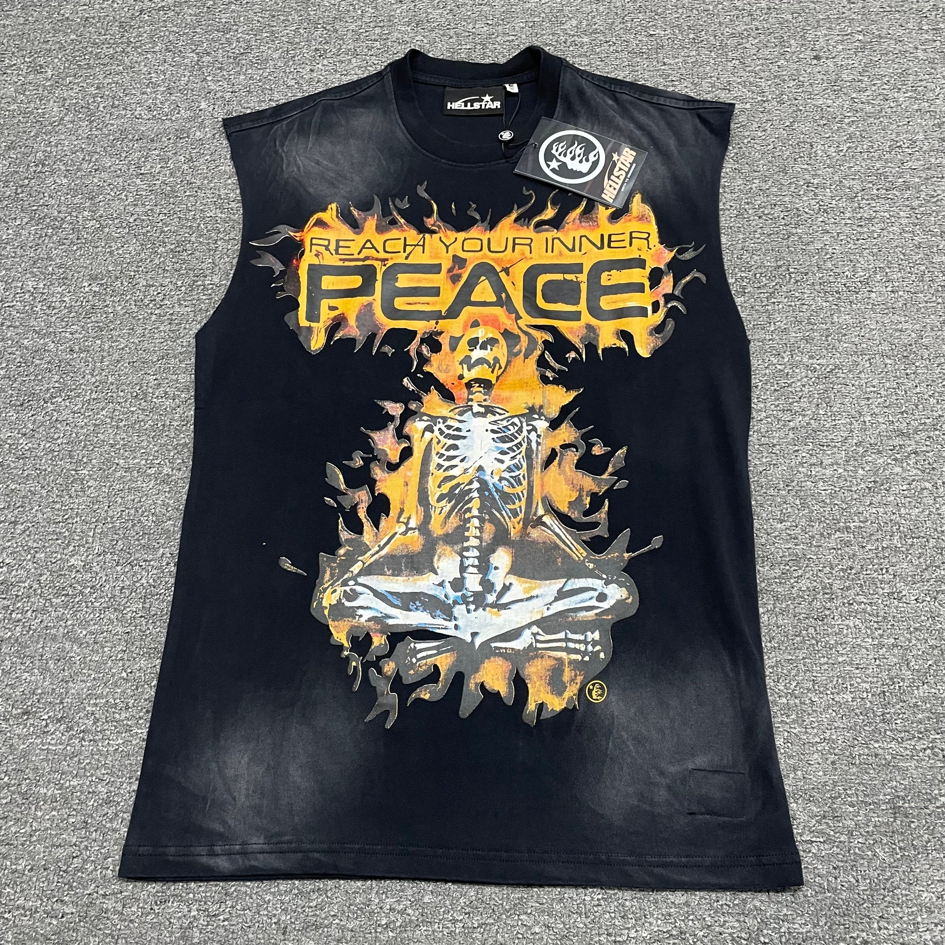 Hellstar Inner Peace Skeleton sleeveless washed black T-shirt front view