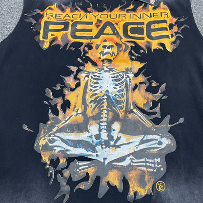 Full meditating skeleton graphic on Hellstar Inner Peace washed black sleeveless T-shirt
Reach Your Inner Peace text with meditating skeleton and flame artwork
Close-up of Hellstar meditating skeleton graphic on washed black sleeveless T-shirt