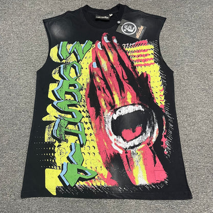 Hellstar Worship Hands sleeveless washed black T-shirt front view