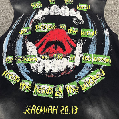 Full back slogan graphic on Hellstar Worship Hands sleeveless T-shirt
Close-up of worship slogan lettering on the back of Hellstar sleeveless T-shirt
Vintage washed black finish and faded areas on Hellstar sleeveless T-shirt