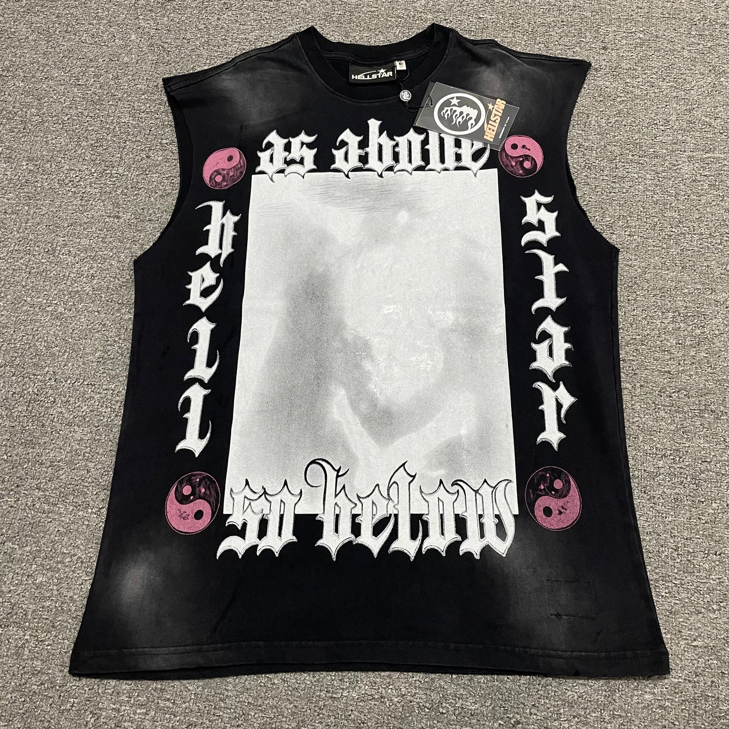 Hellstar As Above So Below cutoff washed black T-shirt front view