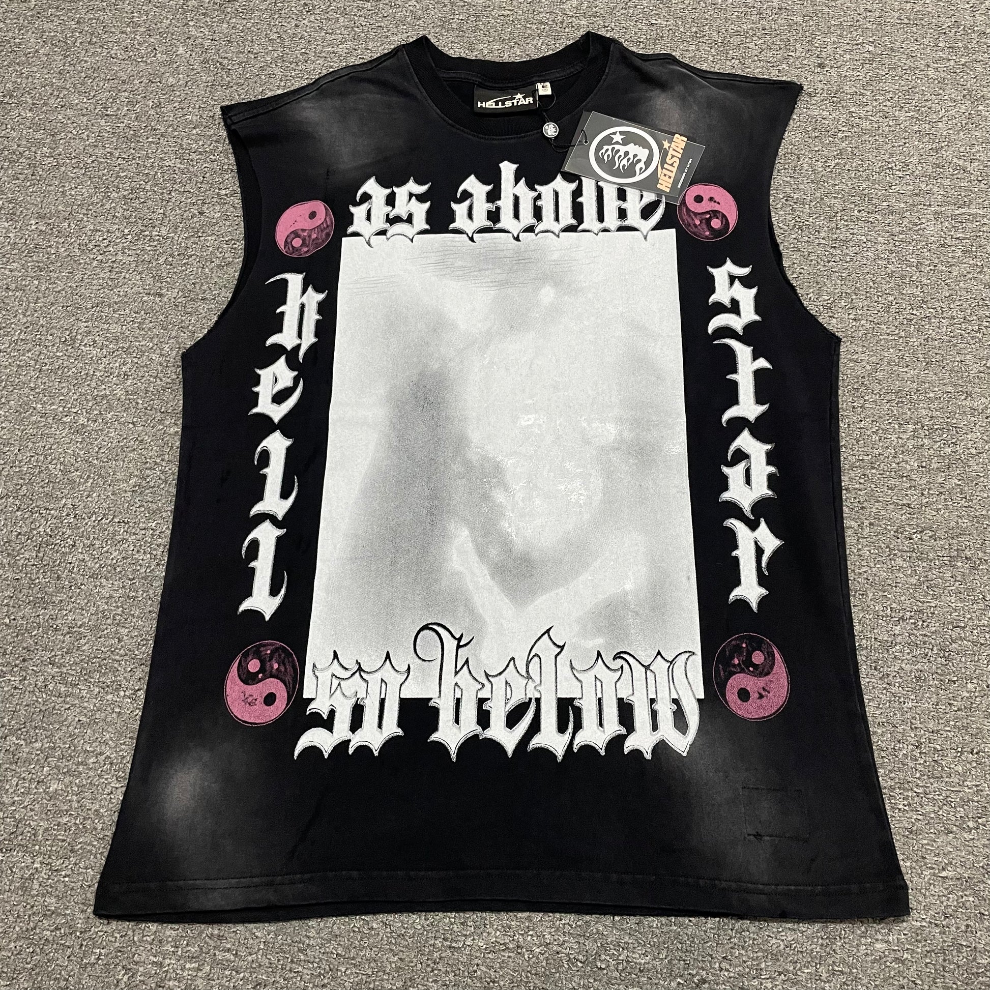 Hellstar As Above So Below cutoff washed black T-shirt front view