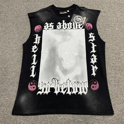 Hellstar As Above So Below cutoff washed black T-shirt front view