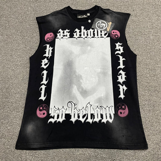 Hellstar As Above So Below cutoff washed black T-shirt front view