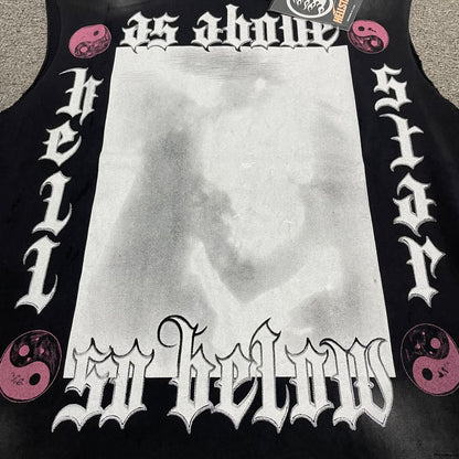 Full As Above So Below gothic graphic on Hellstar washed black cutoff T-shirt
Gothic As Above So Below lettering with yin-yang symbols and faded central artwork
Close-up of As Above So Below front graphic on Hellstar black T-shirt
Close-up of gothic As Above lettering on Hellstar sleeveless T-shirt