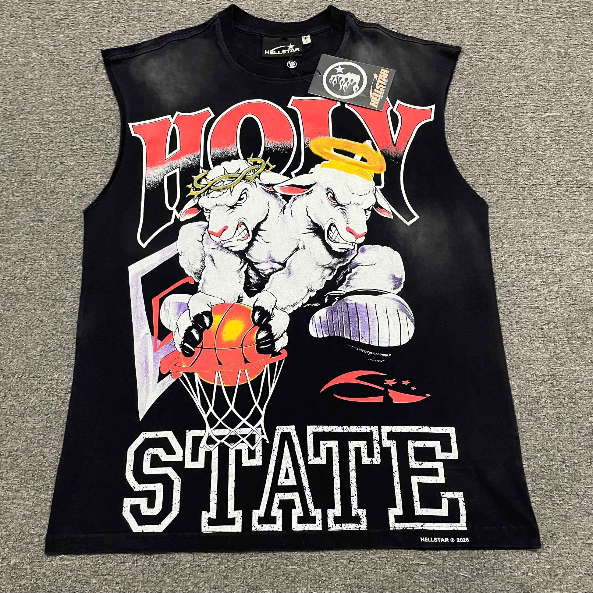 Hellstar 2 Lambs Holy State sleeveless T-shirt front view in vintage black