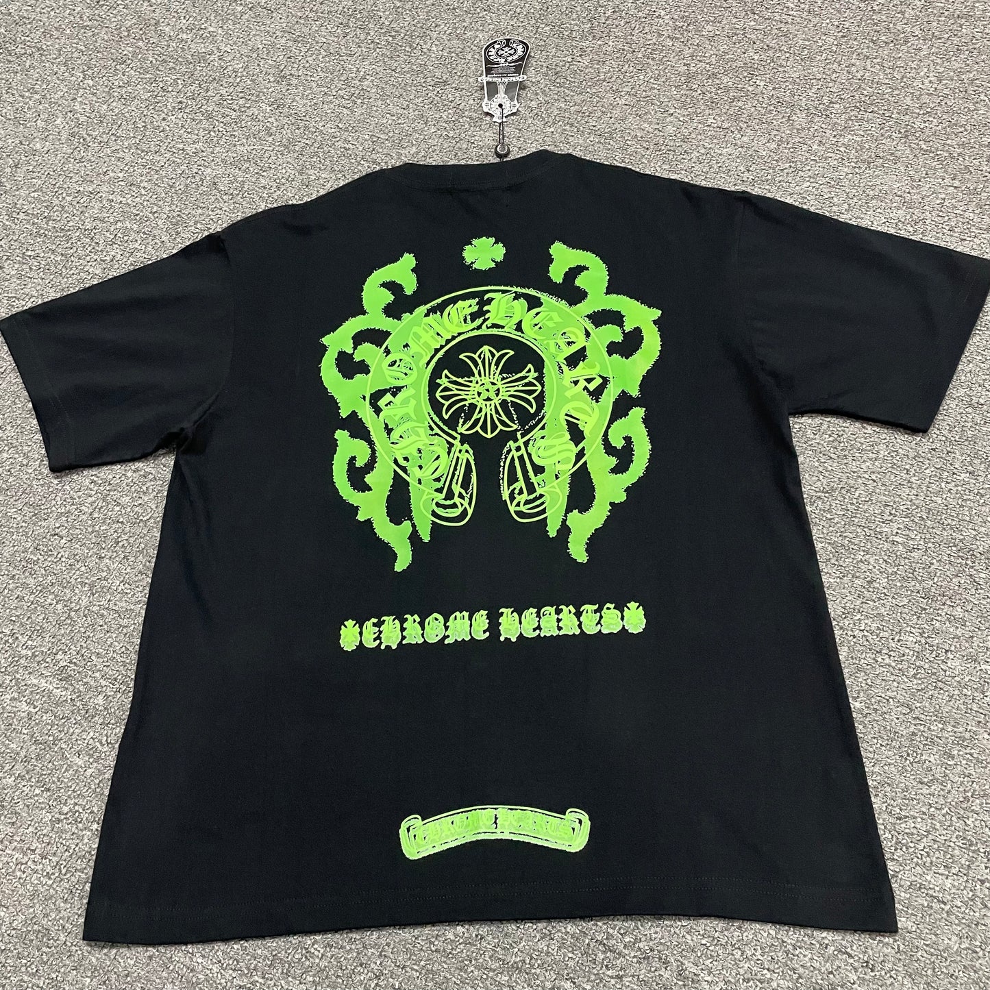 Chrome Hearts Floral Horseshoe short sleeve T-shirt back view in black with oversized neon green floral horseshoe print