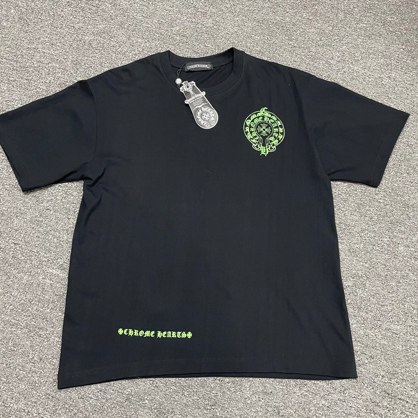 Chrome Hearts Floral Horseshoe short sleeve T-shirt front view in black with neon green chest logo