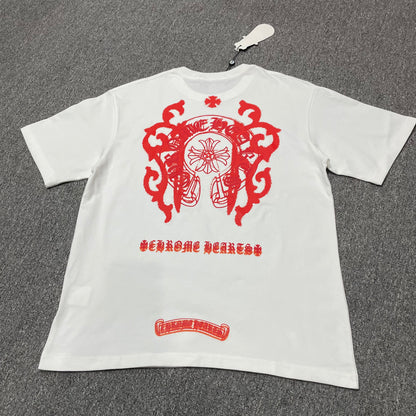 Chrome Hearts Floral Horseshoe short sleeve T-shirt back view in white with oversized red horseshoe graphic