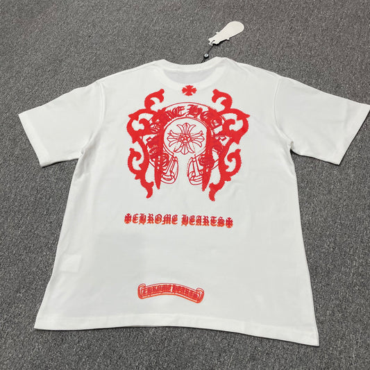 Chrome Hearts Floral Horseshoe short sleeve T-shirt back view in white with oversized red horseshoe graphic
