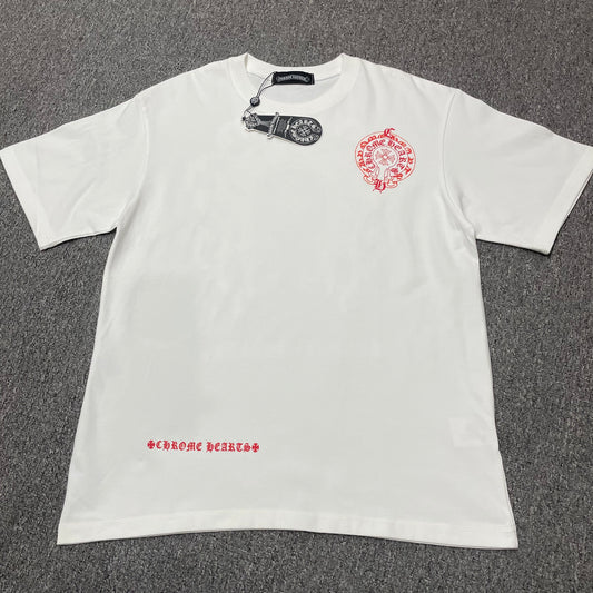 Chrome Hearts Floral Horseshoe short sleeve T-shirt front view in white with red chest pocket logo