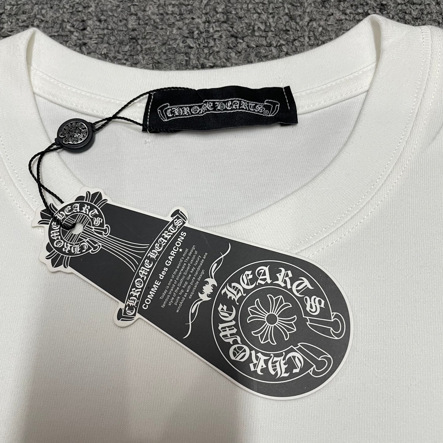 Chrome Hearts style t-shirt neck label hang tag and collar detail