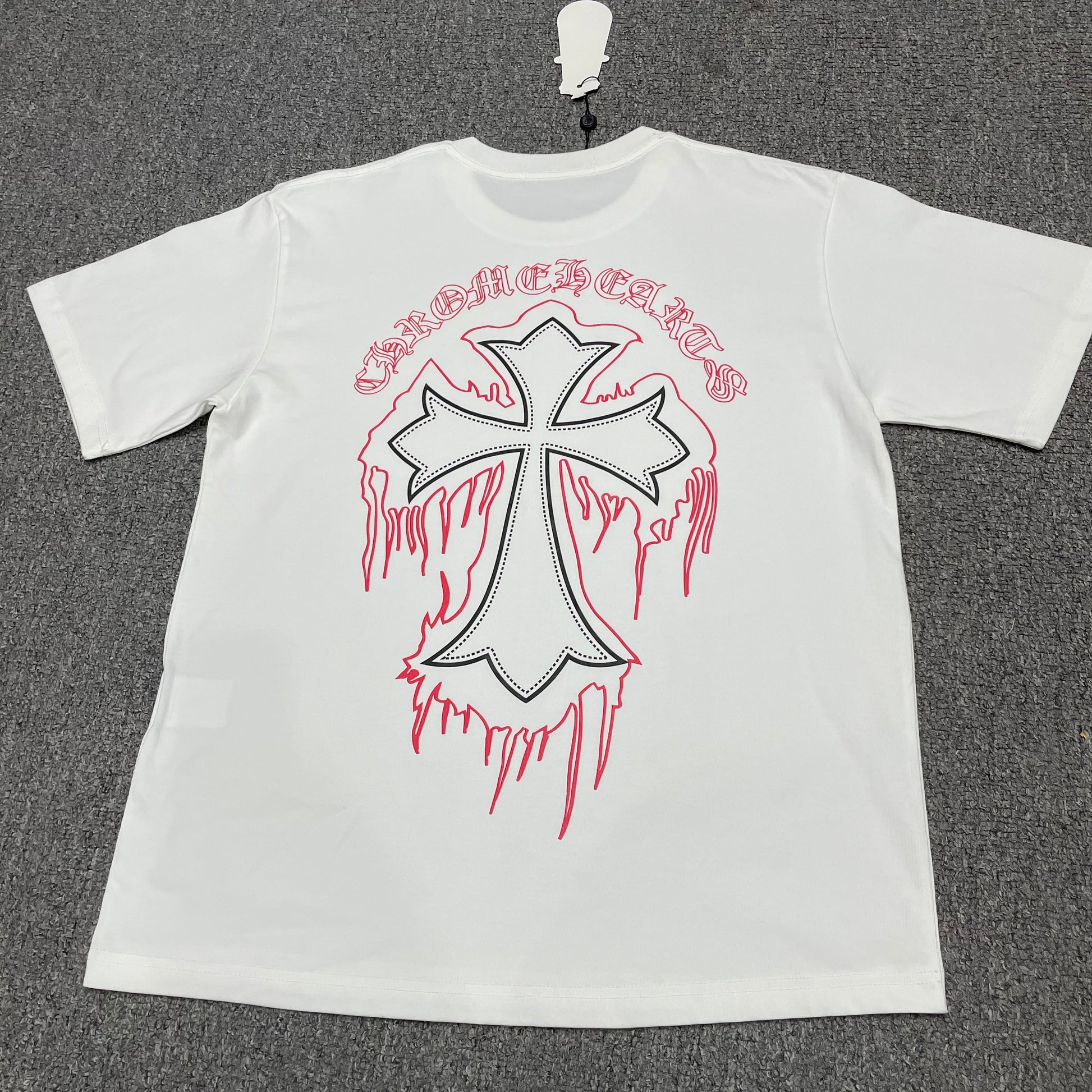 White Chrome Hearts dripping cross logo graphic t-shirt back view
