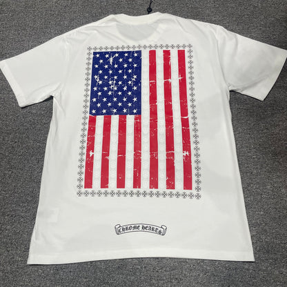 White Chrome Hearts American Flag Dagger T-shirt back view with distressed USA flag print