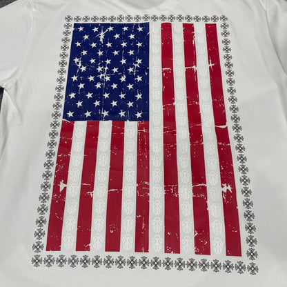 Oversized distressed American flag and dagger graphic on the back of Chrome Hearts T-shirt
Close-up of distressed American flag print with repeating dagger and cross motifs
Back graphic guide showing the distressed American flag and repeating dagger design