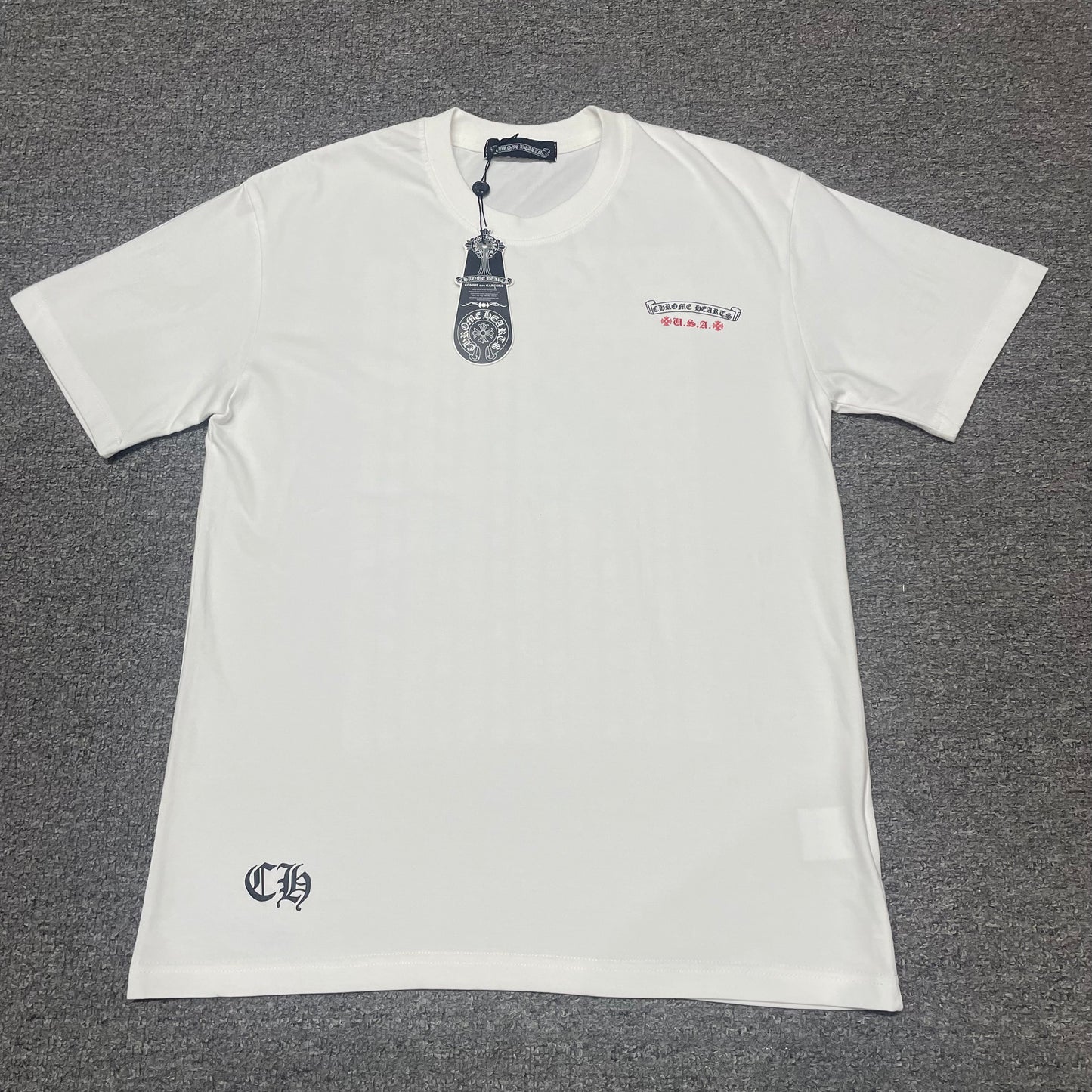 White Chrome Hearts American Flag Dagger T-shirt front view with small chest logo