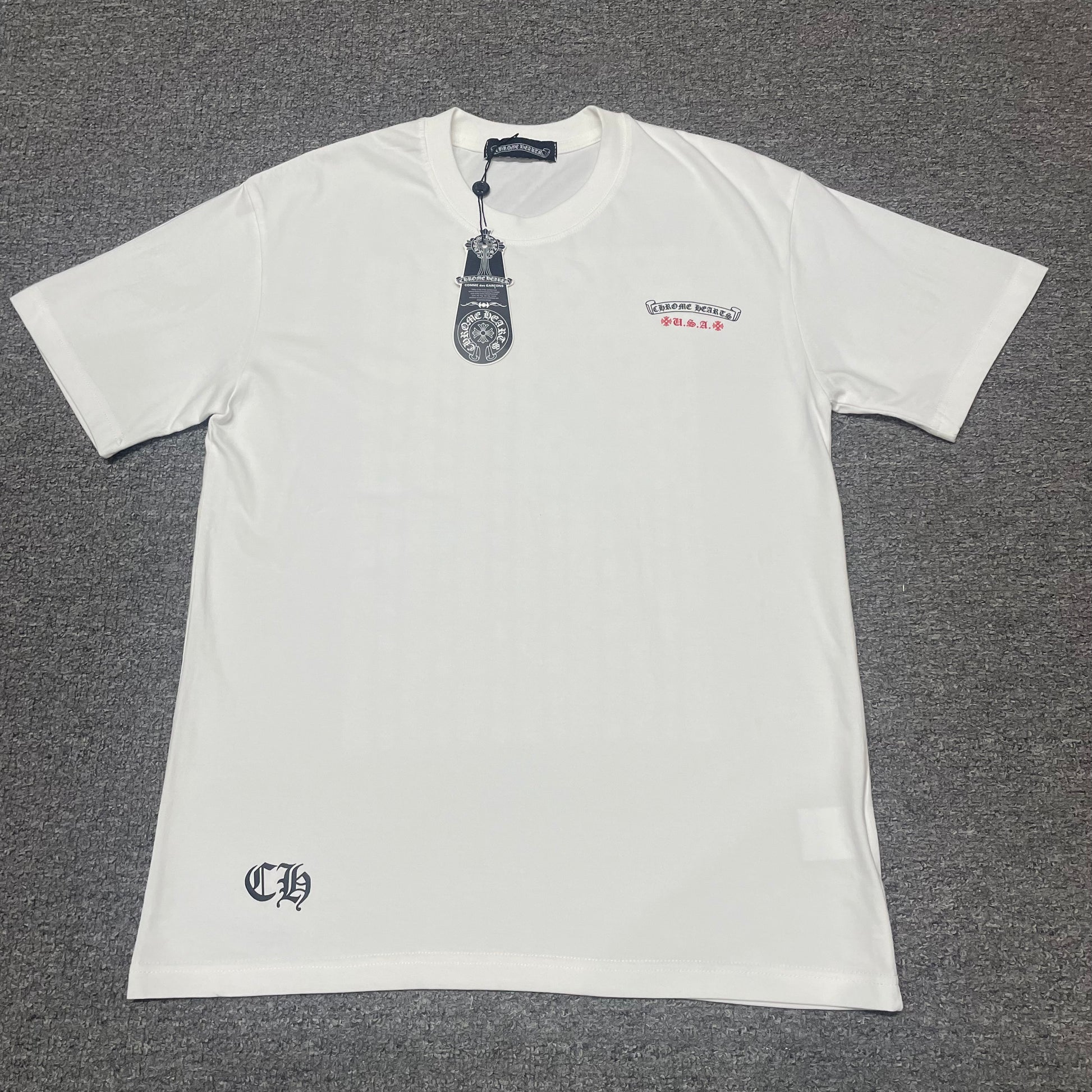 White Chrome Hearts American Flag Dagger T-shirt front view with small chest logo
