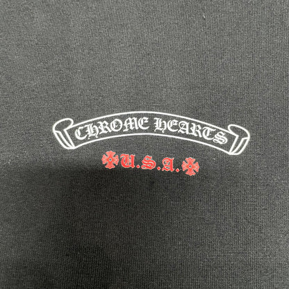 Small Chrome Hearts USA chest logo print detail on black American Flag T-shirt