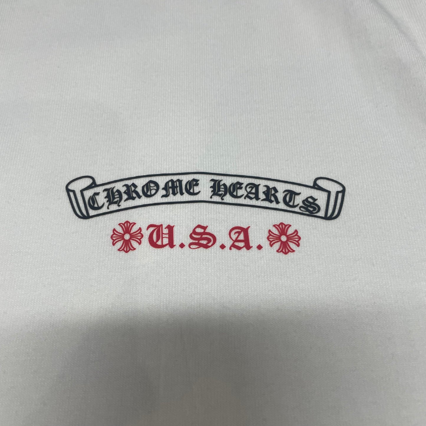 Small Chrome Hearts USA chest logo print detail on white American Flag T-shirt