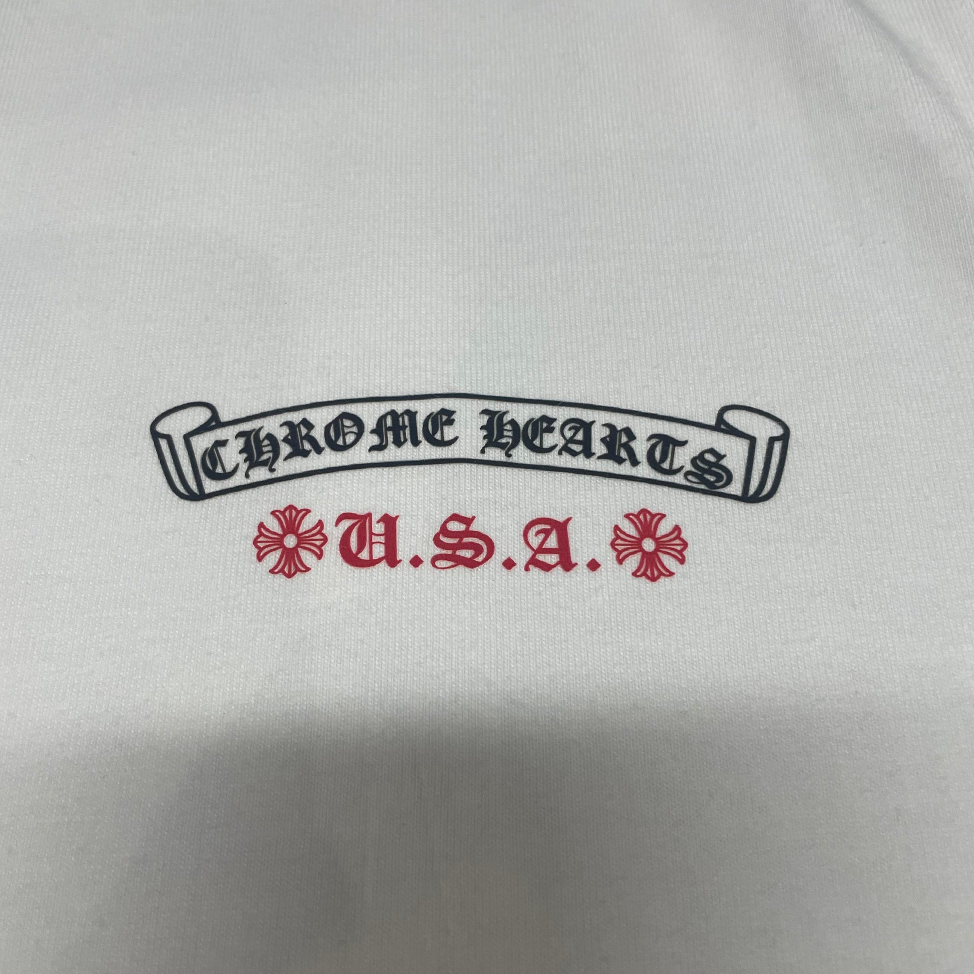 Small Chrome Hearts USA chest logo print detail on white American Flag T-shirt