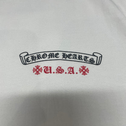 Small Chrome Hearts USA chest logo print detail on white American Flag T-shirt