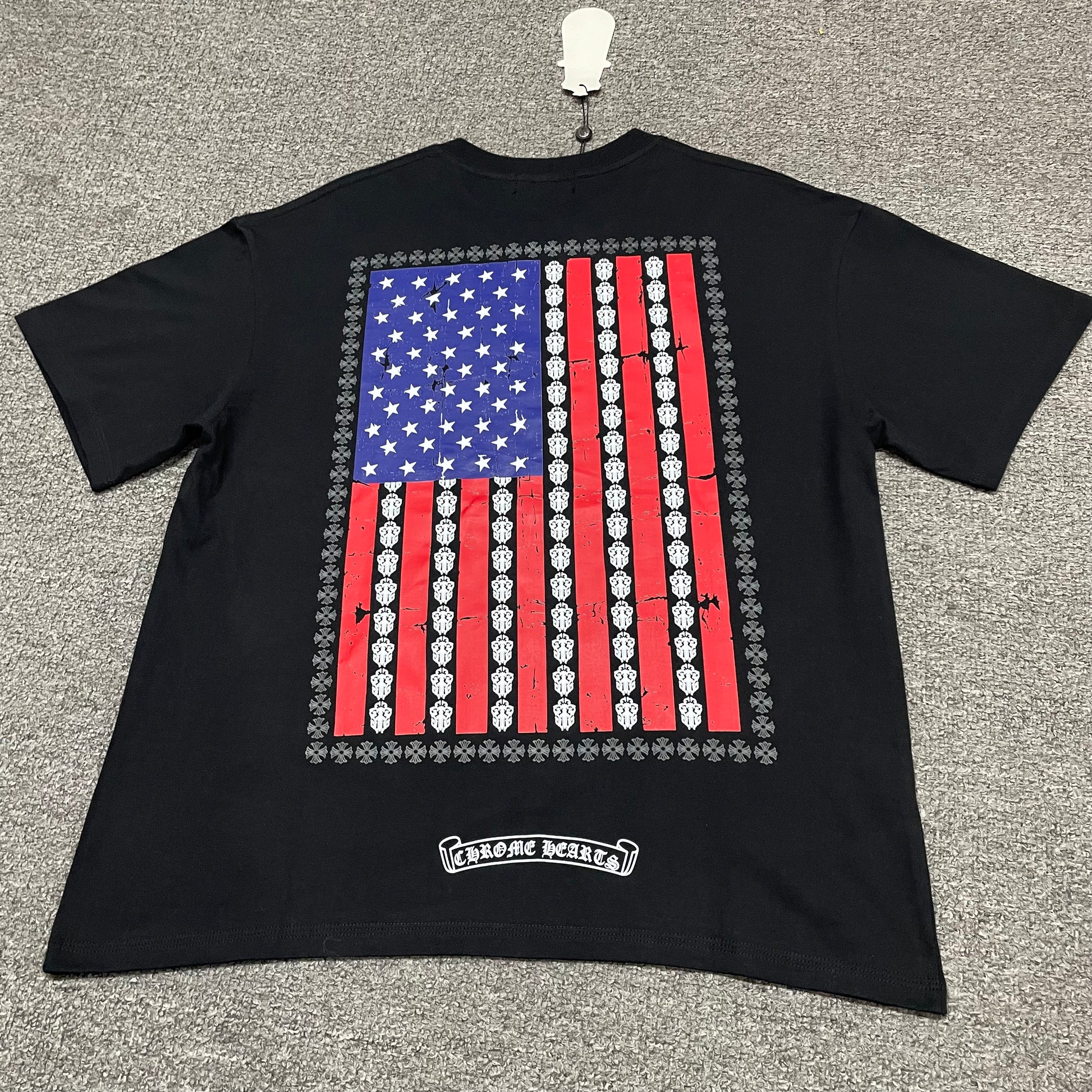 Black Chrome Hearts American Flag Dagger T-shirt back view with oversized distressed flag graphic