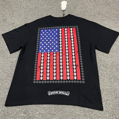 Black Chrome Hearts American Flag Dagger T-shirt back view with oversized distressed flag graphic