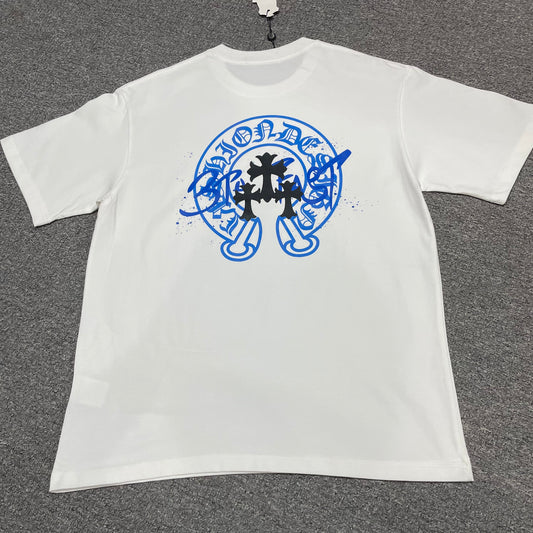 Chrome Hearts Blue Graffiti Cross T-Shirt | Paint Splash Gothic Tee Wholesale