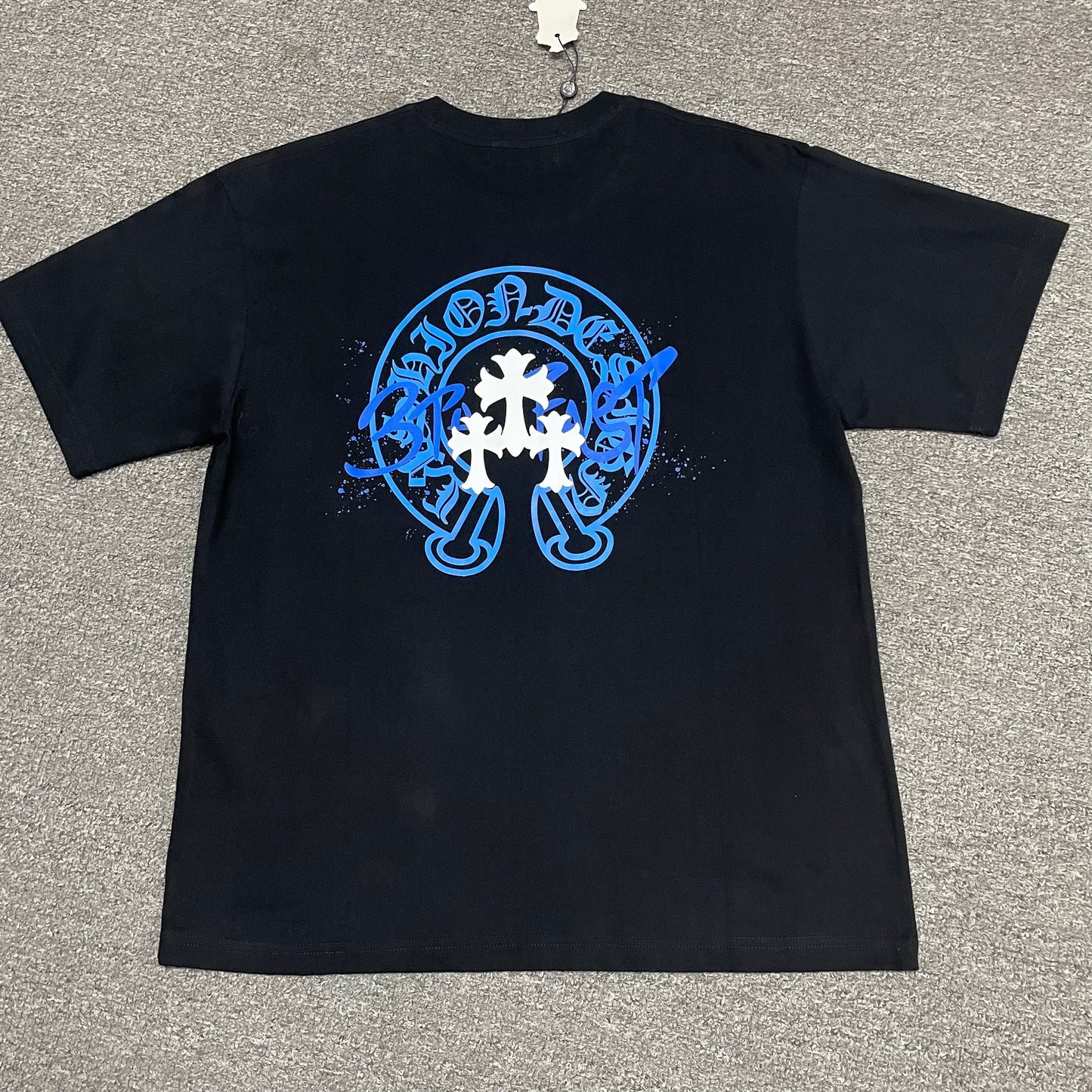 Chrome Hearts Blue Graffiti Cross T-Shirt | Paint Splash Gothic Tee Wholesale
