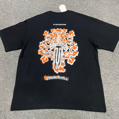 Chrome Hearts Orange Floral Cross Graphic T-Shirt | Distressed Gothic Tee Wholesale