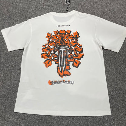 Chrome Hearts Orange Floral Cross Graphic T-Shirt | Distressed Gothic Tee Wholesale