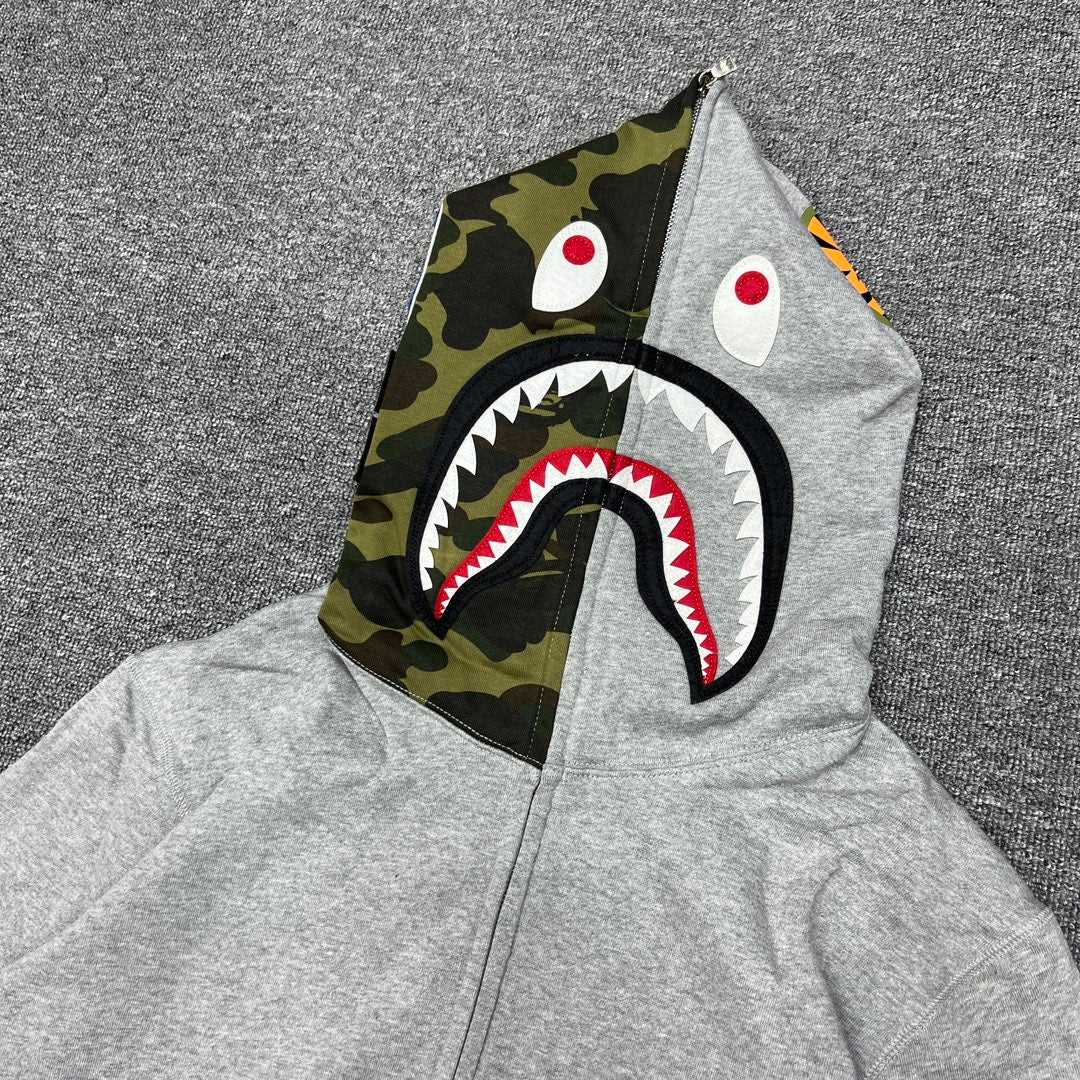 A Bathing Ape (BAPE) 1st Green Camo Half Shark Full Zip Hoodie