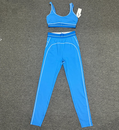 ALO Heart Throb Bra and High-Waist Legging Set in Azure Blue White front view