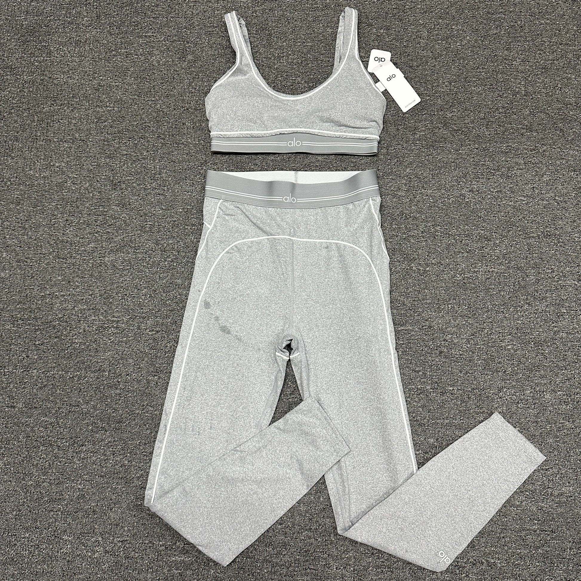 ALO Alosoft Heart Throb Bra and High-Waist Legging Set in Athletic Heather Grey White front view