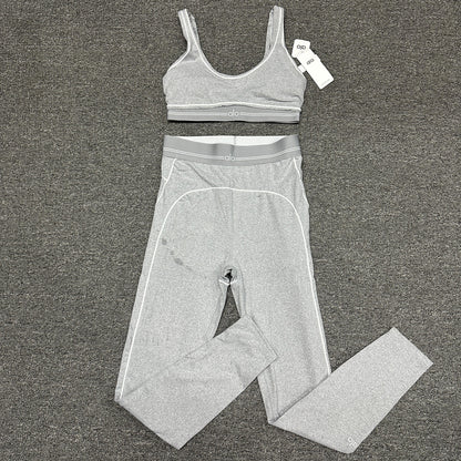 ALO Alosoft Heart Throb Bra and High-Waist Legging Set in Athletic Heather Grey White front view