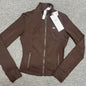 ALO Airbrush Corset Full Zip Jacket in Dark Brown front view with contour seams