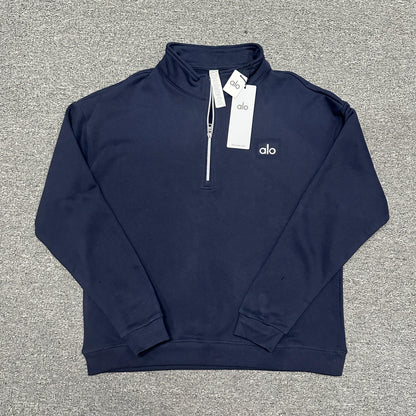 ALO Accolade 1/4 Zip Pullover in Navy front view with embroidered chest logo