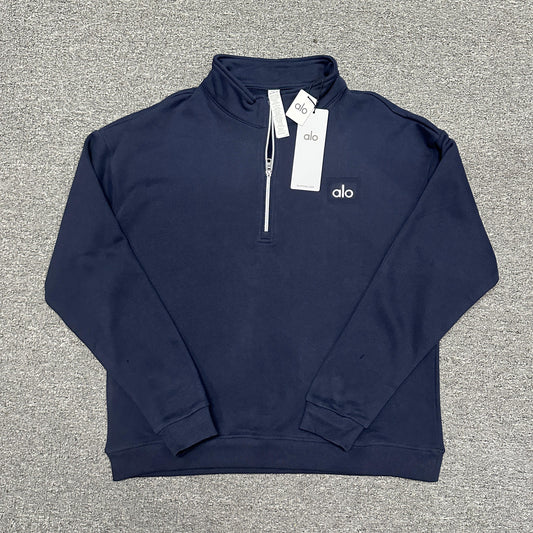 ALO Accolade 1/4 Zip Pullover in Navy front view with embroidered chest logo