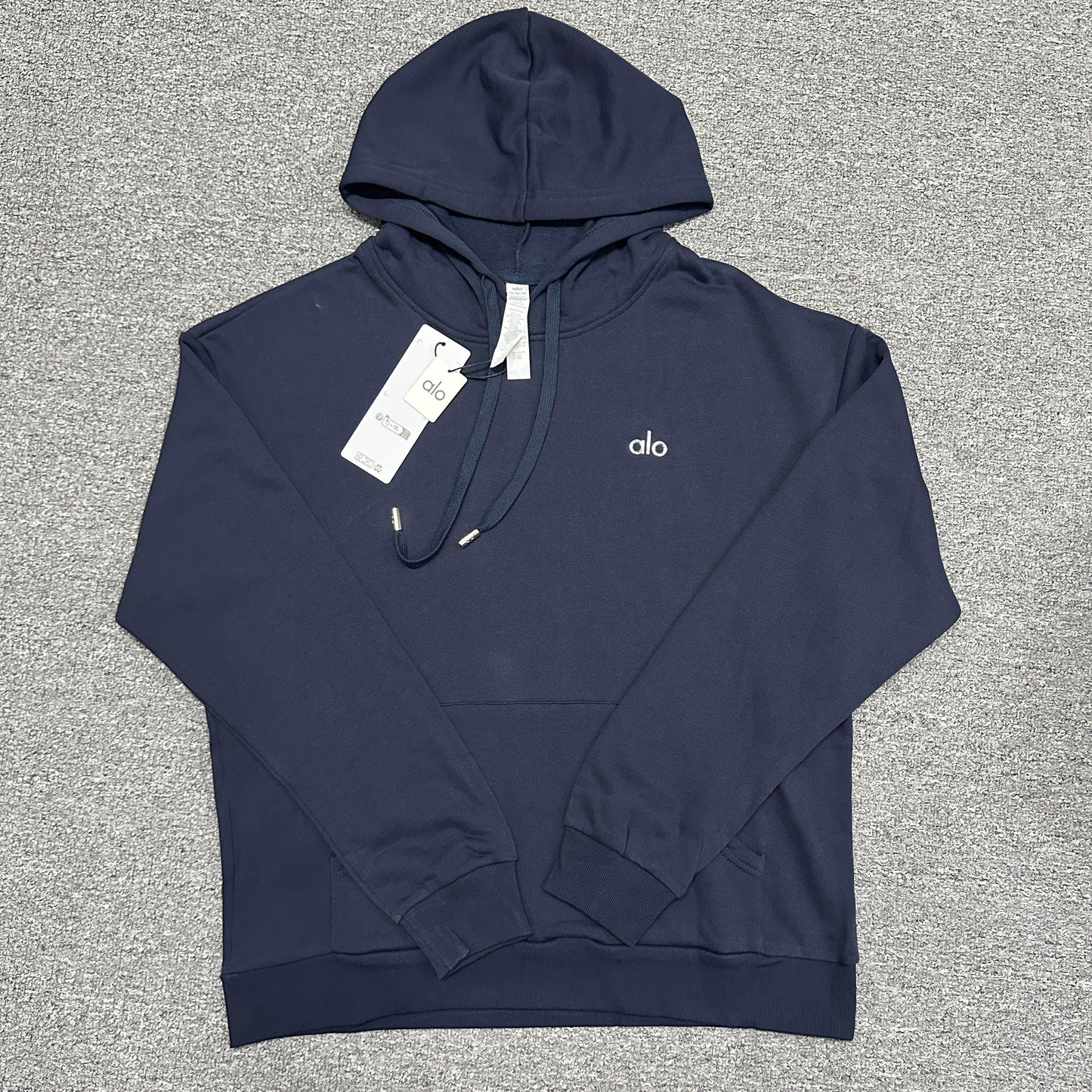 ALO Accolade Hoodie in Navy front view with embroidered chest logo