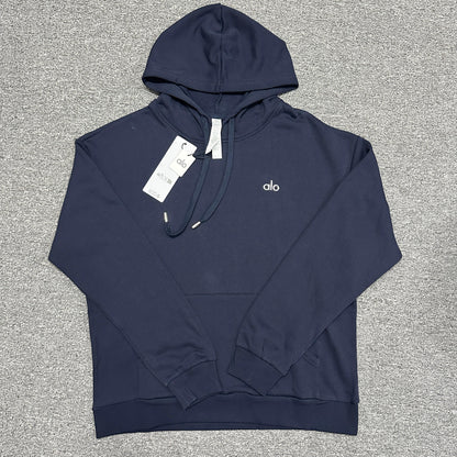 ALO Accolade Hoodie in Navy front view with embroidered chest logo