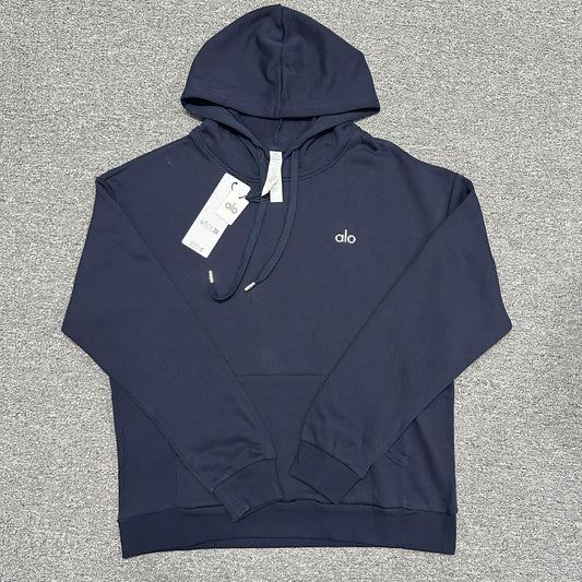 ALO Accolade Hoodie in Navy front view with embroidered chest logo