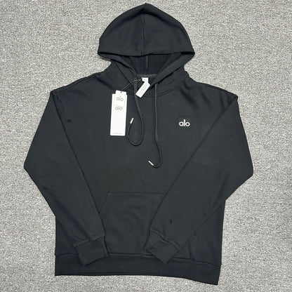 ALO Accolade Hoodie in Black front view with embroidered chest logo