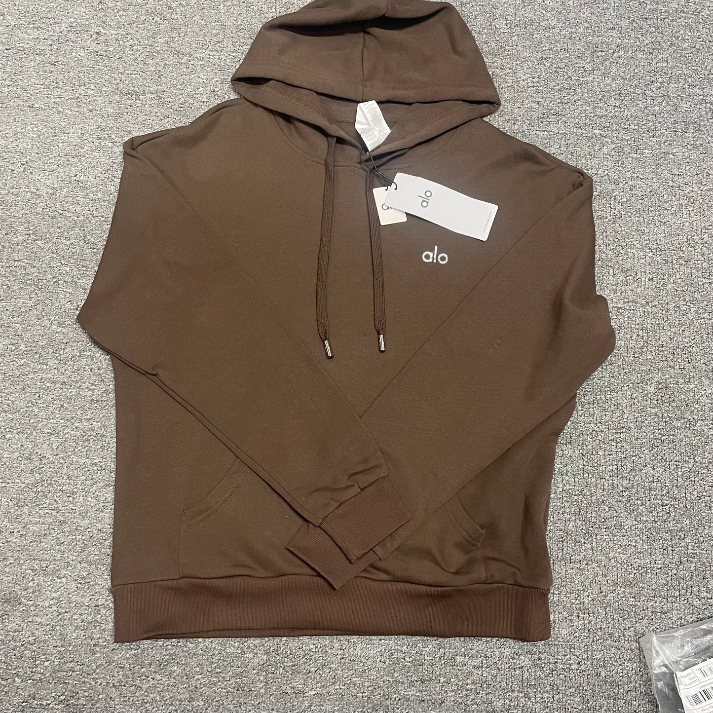 ALO Accolade Hoodie in Espresso front view with embroidered chest logo