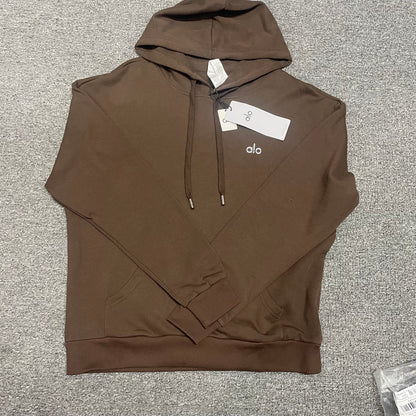 ALO Accolade Hoodie in Espresso front view with embroidered chest logo