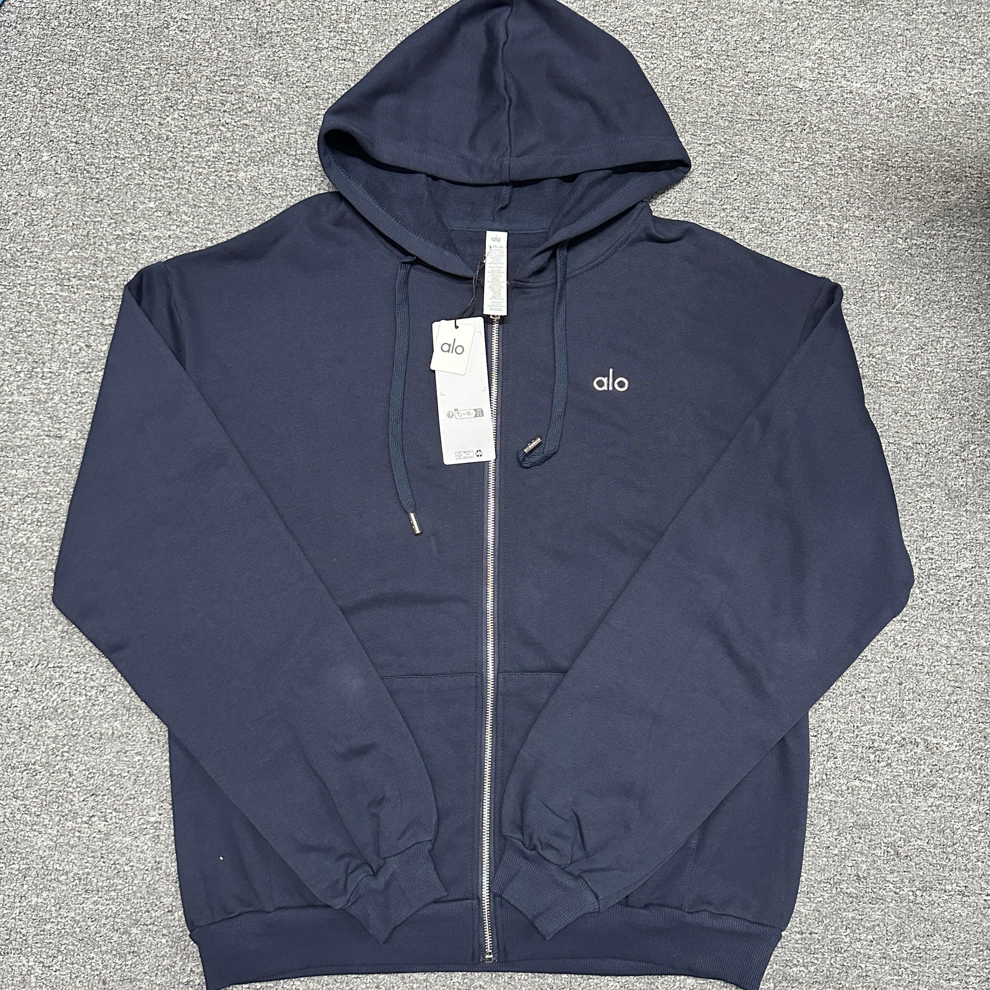 ALO Accolade Full Zip Hoodie in Navy front view with embroidered chest logo