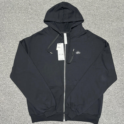 ALO Accolade Full Zip Hoodie in Black front view with embroidered chest logo