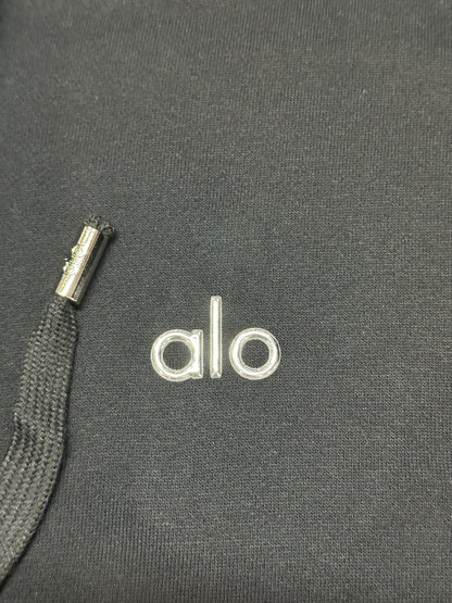 ALO embroidered chest logo placement on Black Accolade Full Zip Hoodie