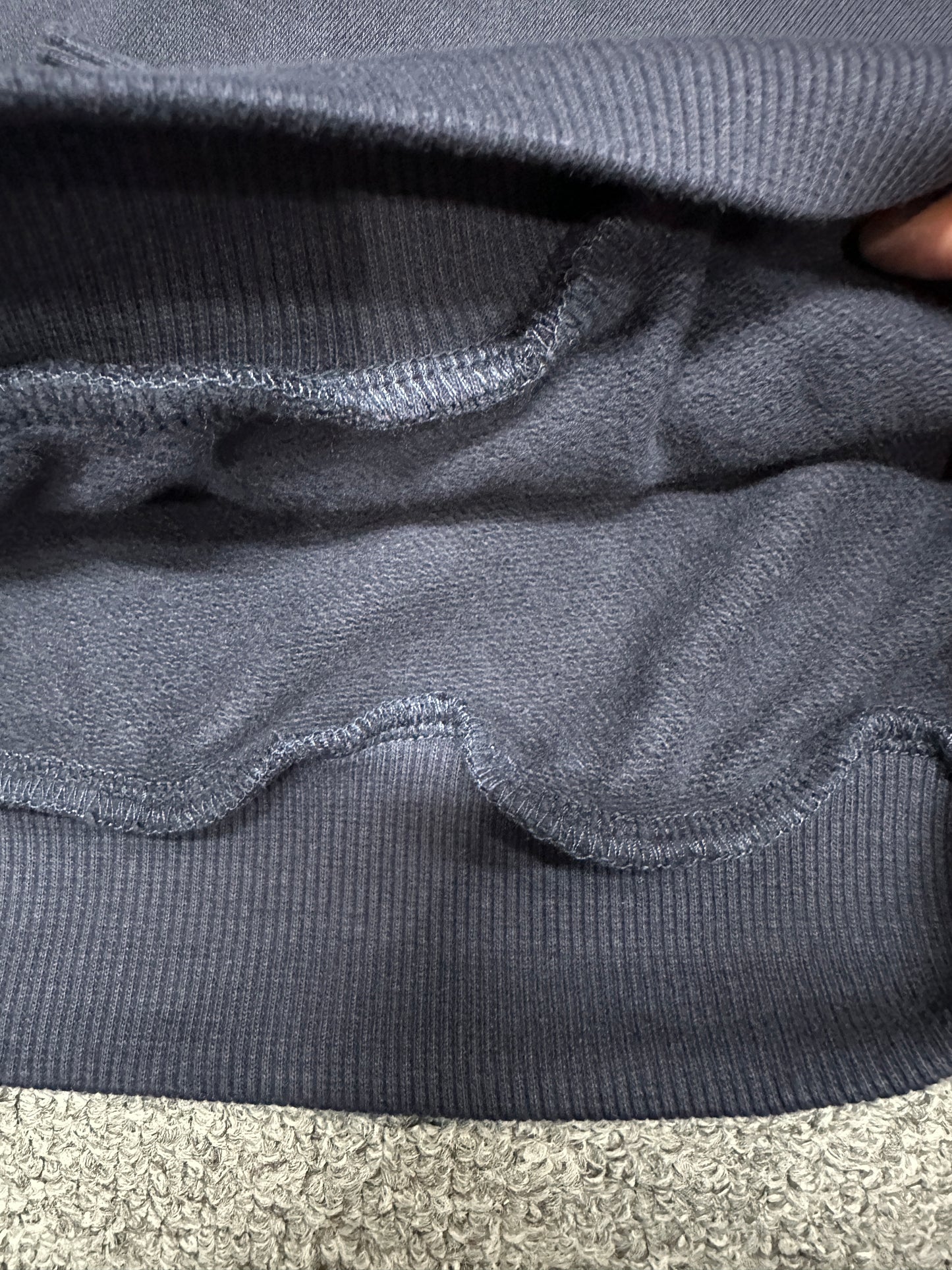 ALO Accolade Navy full zip hoodie ribbed hem and stitching detail