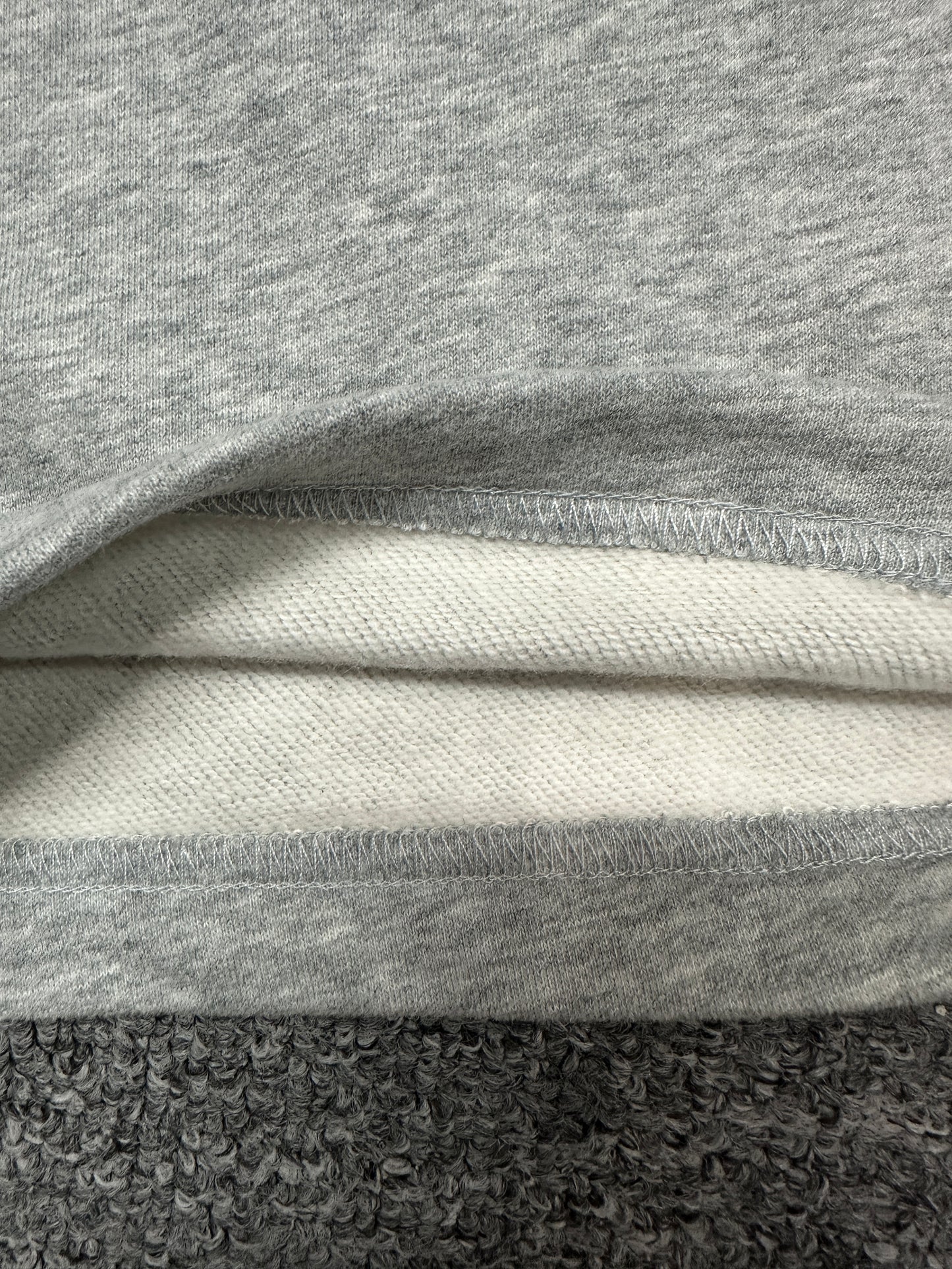 Soft fleecy interior fabric close-up of Athletic Heather Grey ALO Accolade Straight Leg Sweatpant
ALO Accolade Athletic Heather Grey sweatpant hem stitching and leg opening detail