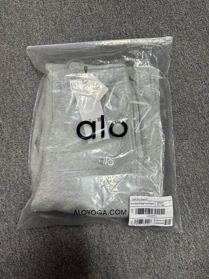 ALO Accolade Athletic Heather Grey straight leg sweatpant folded inside branded zip packaging bag